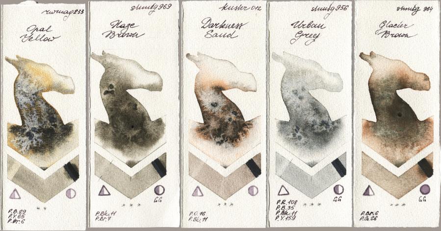Rockwell 233 Opal Yellow vs Shminke Horadam Aquarell 969 Haze Brown vs Kusakabe 012 Darkness Sand vs 956 Urban Grey vs 964 Glacier Brown watercolor swatch