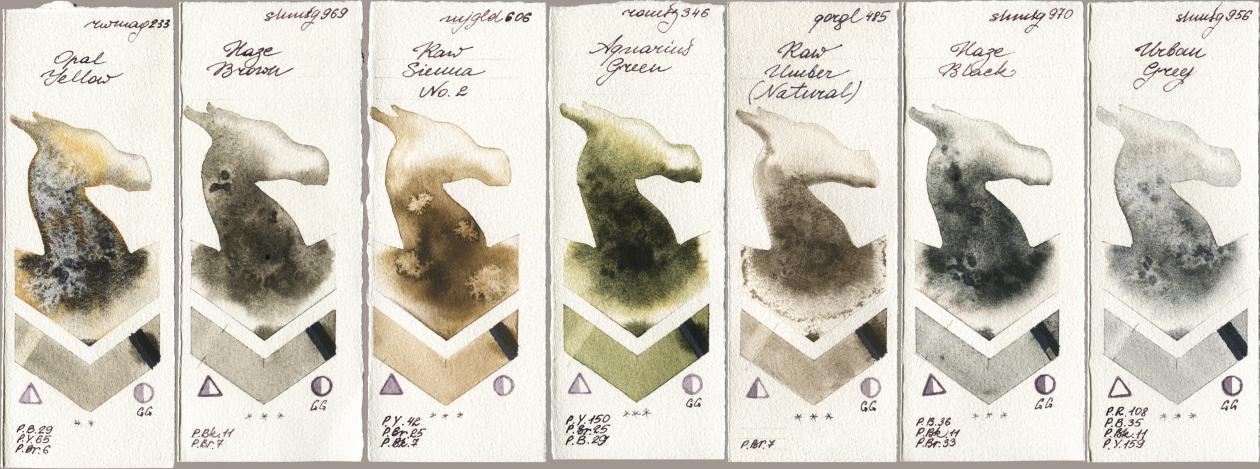 Rockwell 233 Opal Yellow, Shminke Horadam Aquarell 969 Haze Brown, Mijello Mission Gold 606 Raw Sienna No 2, Roman Szmal Aquarius 346 Aquarius Green, Golden QOR 485 Raw Umber (Natural), 970 Haze Black, 956 Urban Gr watercolor swatch