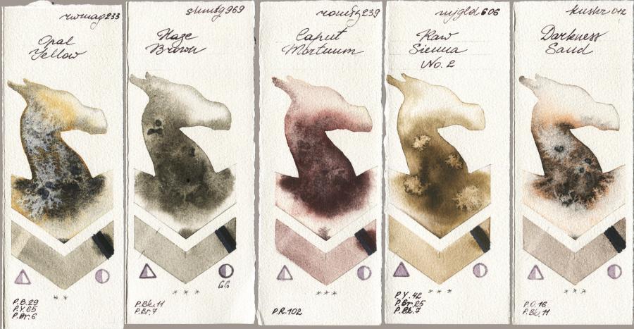 Rockwell 233 Opal Yellow vs Shminke Horadam Aquarell 969 Haze Brown vs Roman Szmal Aquarius 239 Caput Mortuum vs Mijello Mission Gold 606 Raw Sienna No 2 vs Kusakabe 012 Darkness Sand watercolor swatch