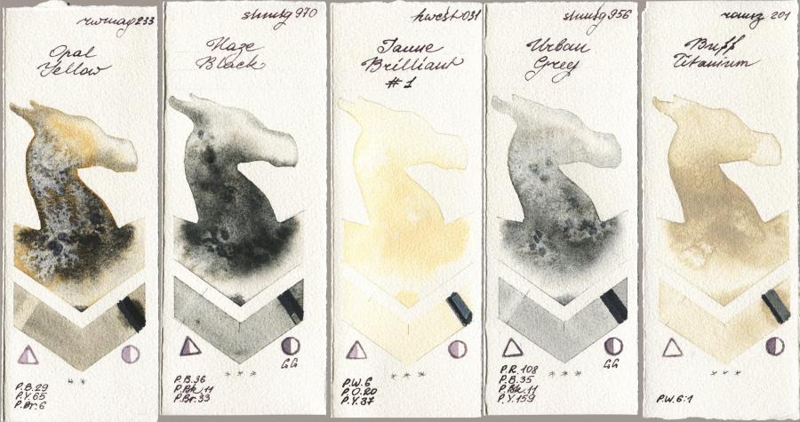 Rockwell 233 Opal Yellow vs Shminke Horadam Aquarell 970 Haze Black vs Holbein Artists Watercolor 031 Jaune Brilliant No 1 vs 956 Urban Grey vs Roman Szmal Aquarius 201 Buff Titanium watercolor swatch