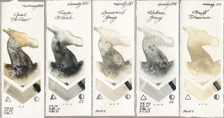 Rockwell 233 Opal Yellow vs Shminke Horadam Aquarell 970 Haze Black vs Roman Szmal Aquarius 253 Aquarius Grey vs 956 Urban Grey vs 201 Buff Titanium watercolor swatch