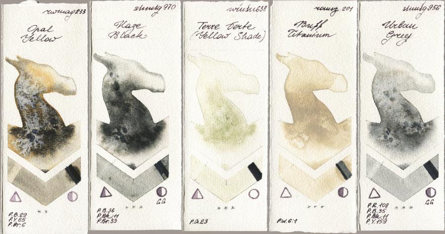 Rockwell 233 Opal Yellow vs Shminke Horadam Aquarell 970 Haze Black vs Winsor & Newton Professional 638 Terre Verte (Yellow Shade) vs Roman Szmal Aquarius 201 Buff Titanium vs 956 Urban Grey watercolor swatch