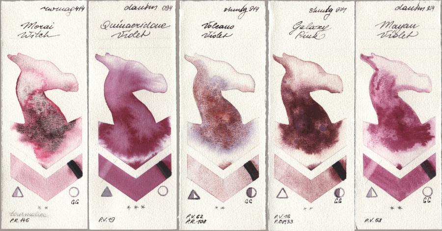 Rockwell 414 Morai Witch, Daniel Smith 094 Quinacridone Violet, Shminke Horadam Aquarell 914 Volcano Violet, 971 Galaxy Pink, 214 Mayan Viol watercolor swatch