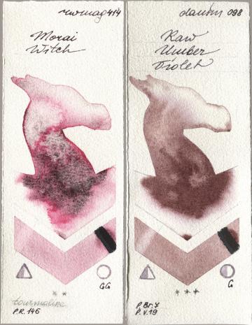 Rockwell 414 Morai Witch, Daniel Smith 098 Raw Umber Viol watercolor swatch