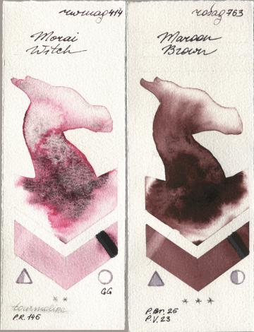 Rockwell 414 Morai Witch, Rosa Gallery 763 Maroon Bro watercolor swatch