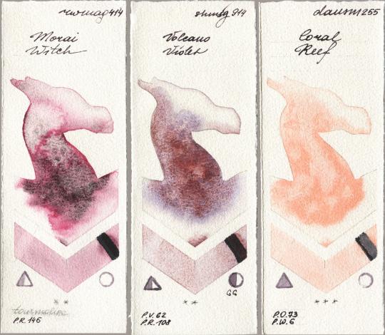 Rockwell 414 Morai Witch vs Shminke Horadam Aquarell 914 Volcano Violet vs Daniel Smith 255 Coral Reef watercolor swatch