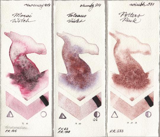 Rockwell 414 Morai Witch vs Shminke Horadam Aquarell 914 Volcano Violet vs Winsor & Newton Professional 537 Potters Pink watercolor swatch
