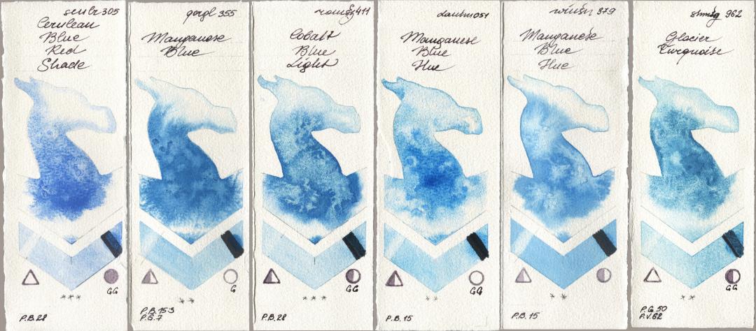 Sennelier l Aquarelle 305 Cerulean Blue Red Shade, Golden QOR 355 Manganese Blue, Roman Szmal Aquarius 411 Cobalt Blue Light, Daniel Smith 051 Manganese Blue Hue, Winsor & Newton Professional 379 Manganese Blue Hue, Shminke Horadam Aquarell 962 Glacier Turquoi watercolor swatch