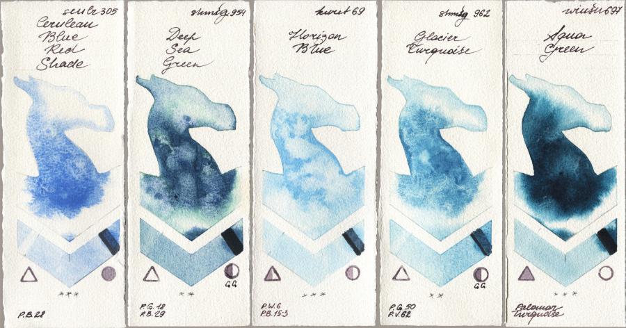Sennelier l Aquarelle 305 Cerulean Blue Red Shade vs Shminke Horadam Aquarell 954 Deep Sea Green vs Kuretake Gansai Tambi 069 Horizon Blue vs 962 Glacier Turquoise vs Winsor & Newton Professional 697 Aqua Green watercolor swatch