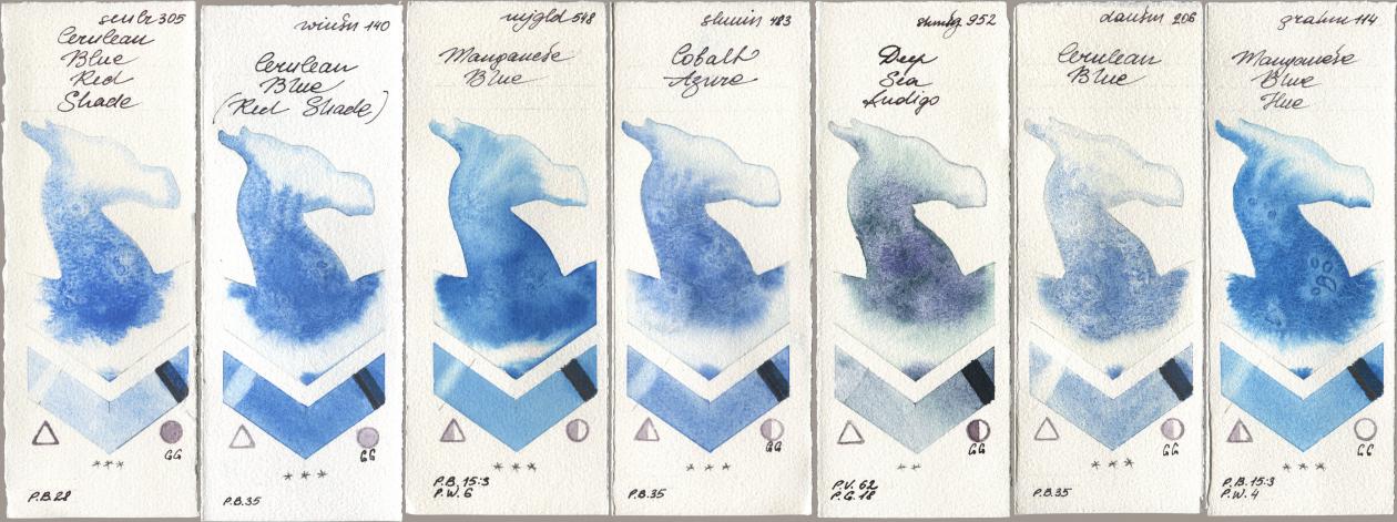 Sennelier l Aquarelle 305 Cerulean Blue Red Shade, Winsor & Newton Professional 140 Cerulean Blue (Red Shade), Mijello Mission Gold 548 Manganese Blue, Shminke Horadam Aquarell 483 Cobalt Azure, 952 Deep Sea Indigo, Daniel Smith 206 Cerulean Blue, M. Graham & Co. Artists 114 Manganese Blue H watercolor swatch