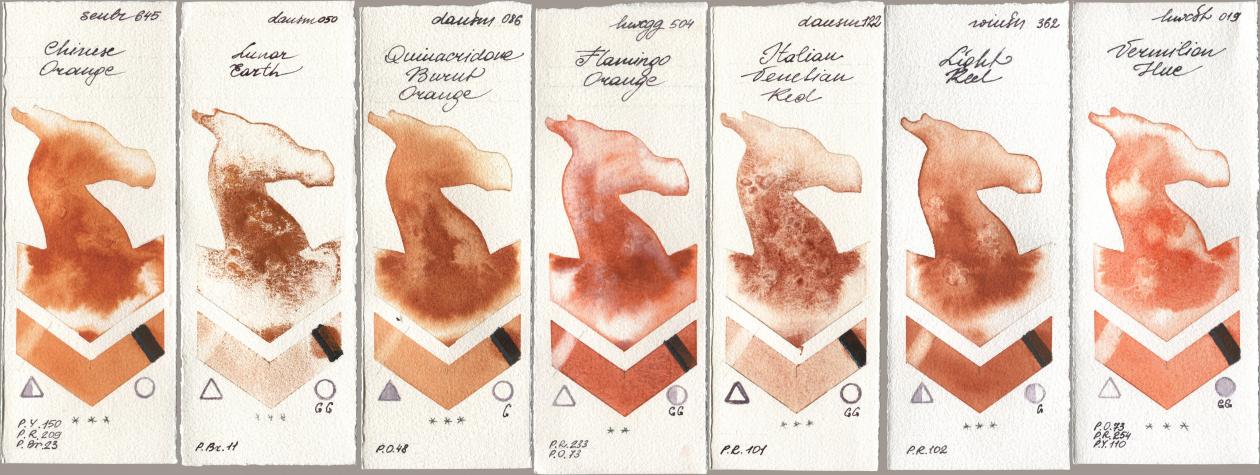 Sennelier l Aquarelle 645 Chinese Orange, Daniel Smith 050 Lunar Earth, 086 Quinacridone Burnt Orange, Holbein Artists Watercolor 504 Flamingo Orange, 122 Italian Venetian Red, Winsor & Newton Professional 362 Light Red, 019 Vermilion H watercolor swatch