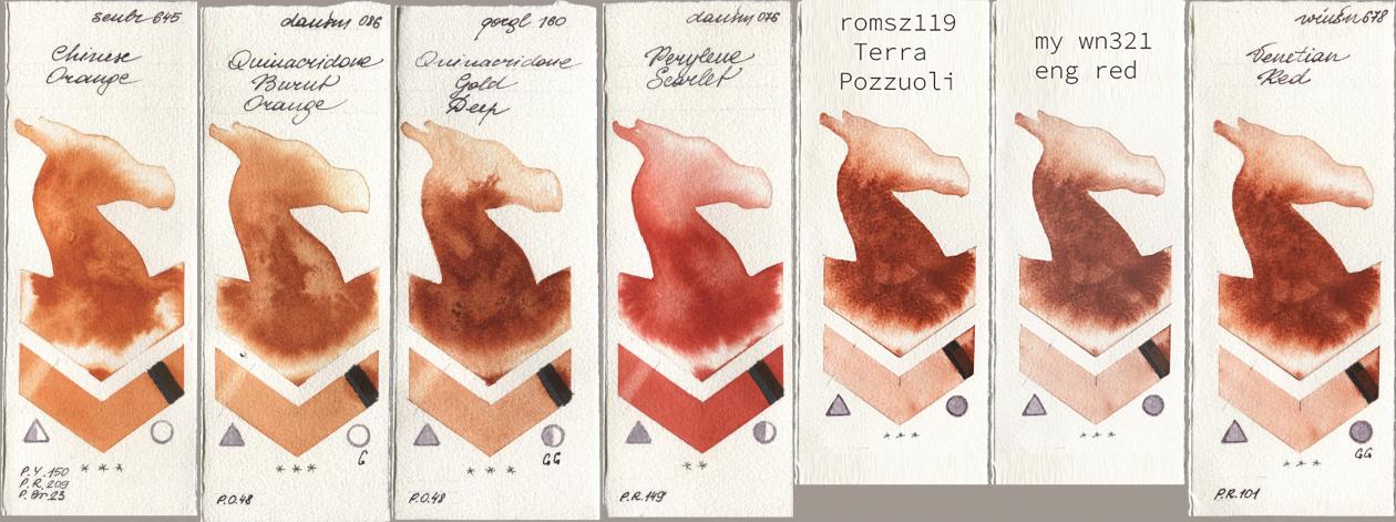 Sennelier l Aquarelle 645 Chinese Orange, Daniel Smith 086 Quinacridone Burnt Orange, Golden QOR 160 Quinacridone Gold Deep, 076 Perylene Scarlet, my 119 pozzuoli, 034 eng red, Winsor & Newton Professional 678 Venetian R watercolor swatch