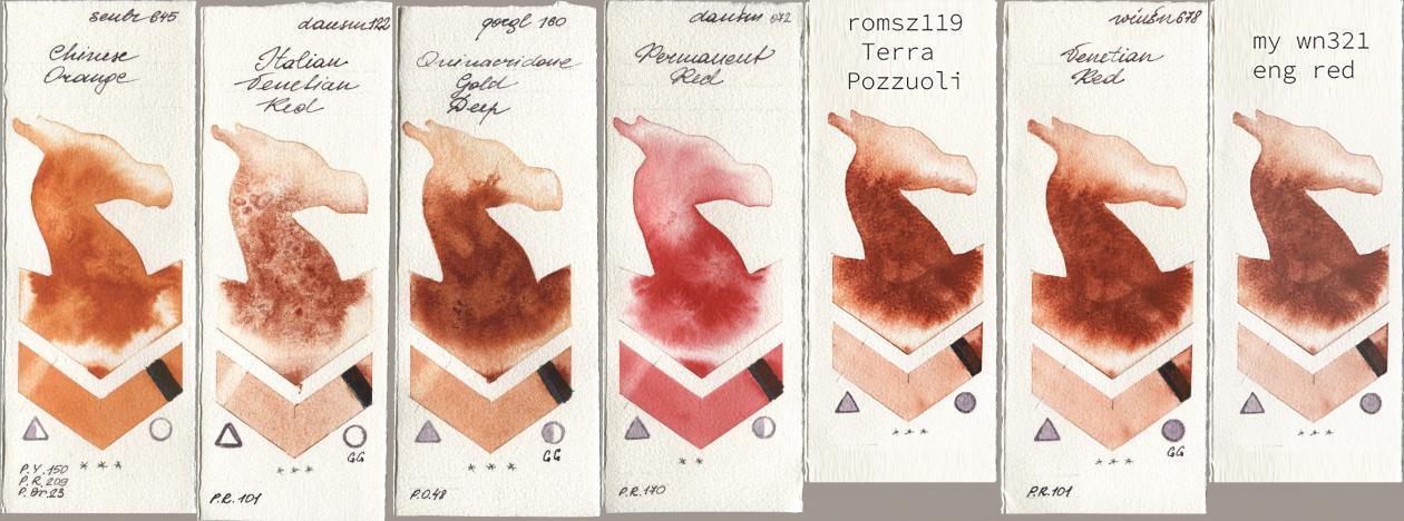 Sennelier l Aquarelle 645 Chinese Orange, Daniel Smith 122 Italian Venetian Red, Golden QOR 160 Quinacridone Gold Deep, 072 Permanent Red, my 119 pozzuoli, Winsor & Newton Professional 678 Venetian Red, 034 eng r watercolor swatch