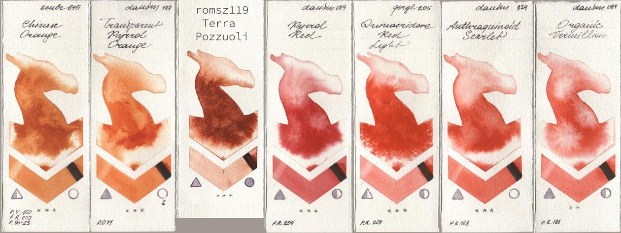 Sennelier l Aquarelle 645 Chinese Orange, Daniel Smith 187 Transparent Pyrrol Orange, my 119 pozzuoli, 084 Pyrrol Red, Golden QOR 205 Quinacridone Red Light, 224 Anthraquinoid Scarlet, 064 Organic Vermili watercolor swatch