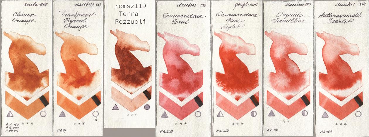 Sennelier l Aquarelle 645 Chinese Orange, Daniel Smith 187 Transparent Pyrrol Orange, my 119 pozzuoli, 088 Quinacridone Coral, Golden QOR 205 Quinacridone Red Light, 064 Organic Vermilion, 224 Anthraquinoid Scarl watercolor swatch