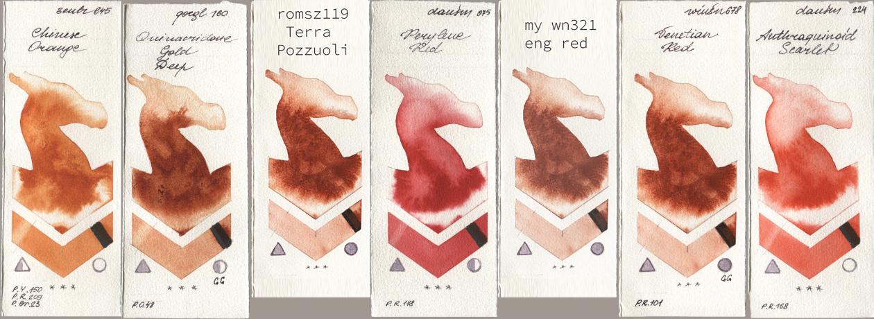 Sennelier l Aquarelle 645 Chinese Orange, Golden QOR 160 Quinacridone Gold Deep, my 119 pozzuoli, Daniel Smith 075 Perylene Red, 034 eng red, Winsor & Newton Professional 678 Venetian Red, 224 Anthraquinoid Scarl watercolor swatch