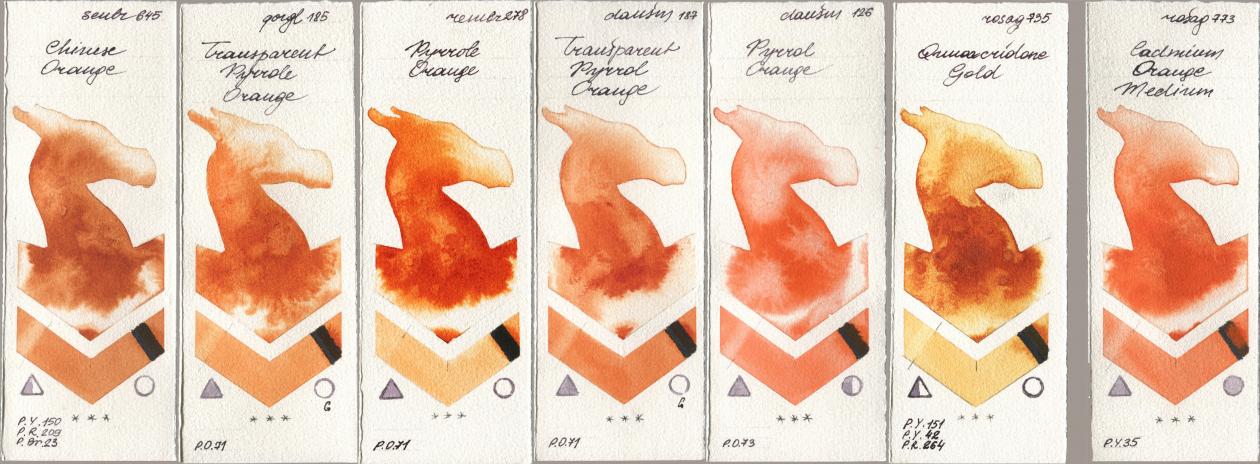 Sennelier l Aquarelle 645 Chinese Orange, Golden QOR 185 Transparent Pyrrole Orange, Royal Talens Rembrandt Watercolour 278 Pyrrole Orange, Daniel Smith 187 Transparent Pyrrol Orange, 126 Pyrrol Orange, Rosa Gallery 735 Quinacridone Gold, 773 Cadmium Orange Medi watercolor swatch