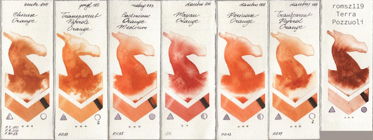 Sennelier l Aquarelle 645 Chinese Orange, Golden QOR 185 Transparent Pyrrole Orange, Rosa Gallery 773 Cadmium Orange Medium, Daniel Smith 216 Mayan Orange, 066 Perinone Orange, 187 Transparent Pyrrol Orange, my 119 pozzuo watercolor swatch