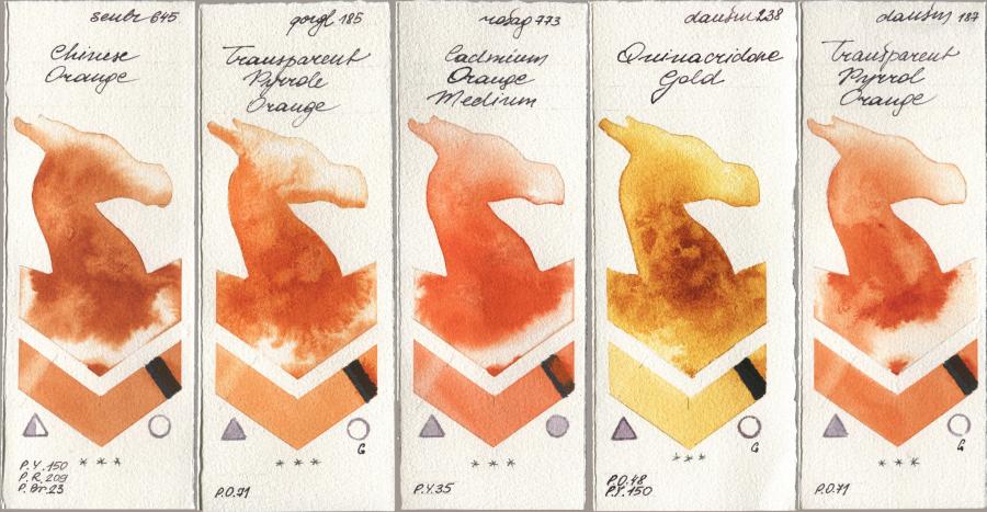 Sennelier l Aquarelle 645 Chinese Orange, Golden QOR 185 Transparent Pyrrole Orange, Rosa Gallery 773 Cadmium Orange Medium, Daniel Smith 238 Quinacridone Gold, 187 Transparent Pyrrol Oran watercolor swatch