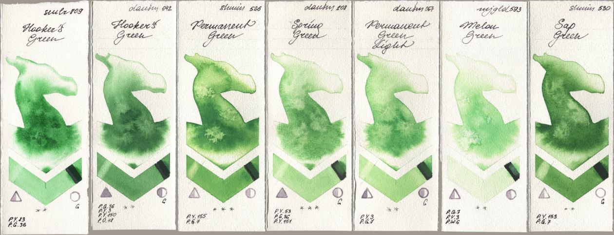Sennelier l Aquarelle 809 Hookers Green, Daniel Smith 042 Hookers Green, Shminke Horadam Aquarell 526 Permanent Green, 208 Spring Green, 067 Permanent Green Light, Mijello Mission Gold 593 Melon Green, 530 Sap Gre watercolor swatch