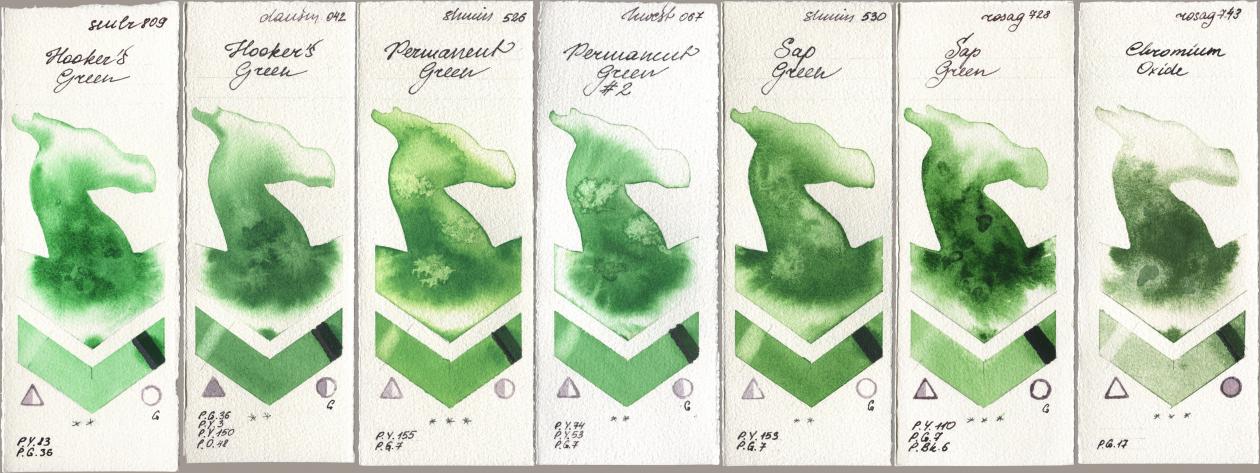 Sennelier l Aquarelle 809 Hookers Green, Daniel Smith 042 Hookers Green, Shminke Horadam Aquarell 526 Permanent Green, Holbein Artists Watercolor 067 Permanent Green No 2, 530 Sap Green, Rosa Gallery 728 Sap Green, 743 Chromium Oxi watercolor swatch