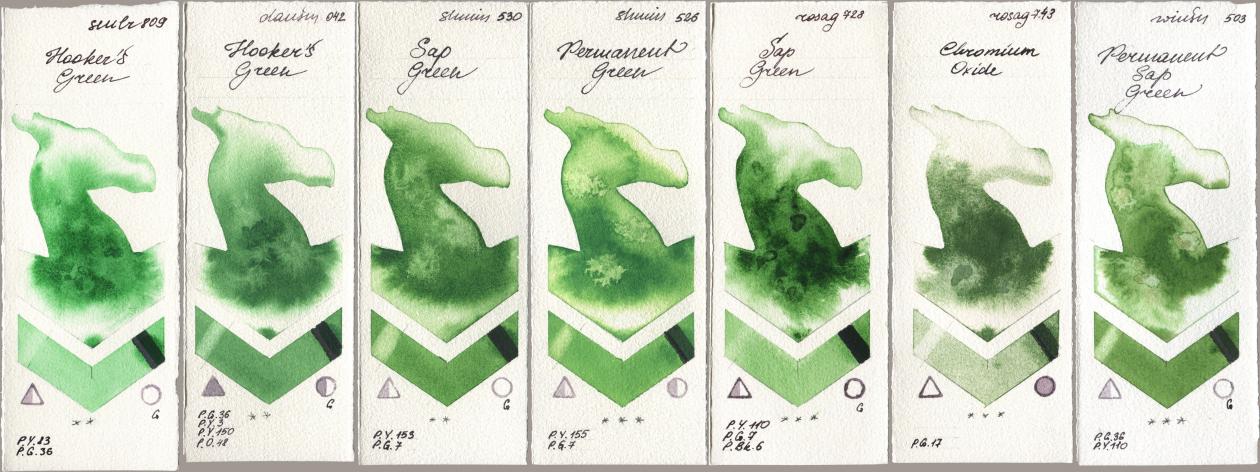 Sennelier l Aquarelle 809 Hookers Green, Daniel Smith 042 Hookers Green, Shminke Horadam Aquarell 530 Sap Green, 526 Permanent Green, Rosa Gallery 728 Sap Green, 743 Chromium Oxide, Winsor & Newton Professional 503 Permanent Sap Gre watercolor swatch
