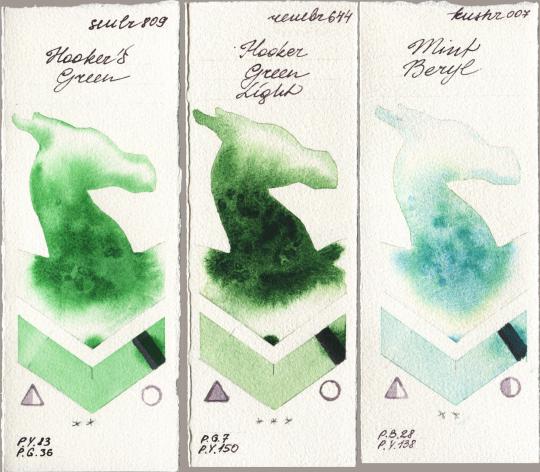Sennelier l Aquarelle 809 Hookers Green vs Royal Talens Rembrandt Watercolour 644 Hooker Green Light vs Kusakabe 007 Mint Beryl watercolor swatch