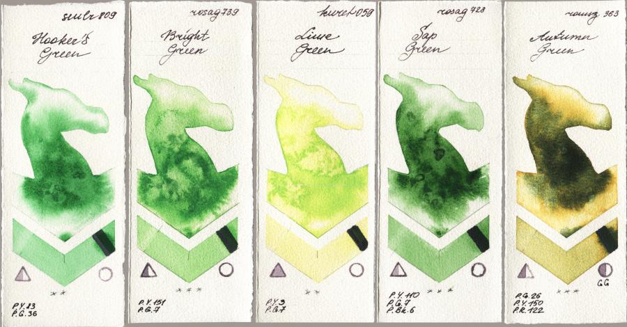 Sennelier l Aquarelle 809 Hookers Green vs Rosa Gallery 739 Bright Green vs Kuretake Gansai Tambi 059 Lime Green vs 728 Sap Green vs Roman Szmal Aquarius 363 Autumn Green watercolor swatch