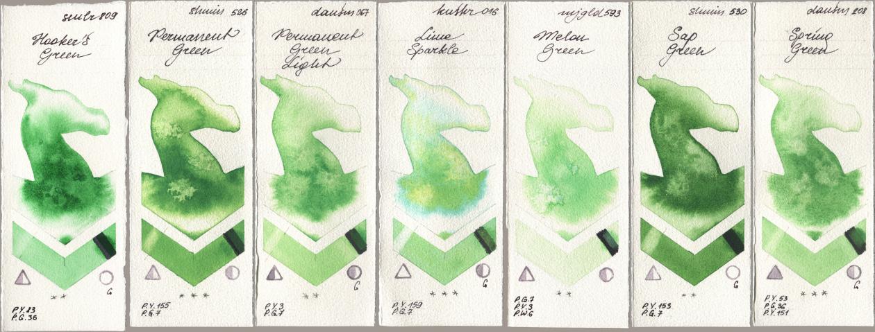 Sennelier l Aquarelle 809 Hookers Green, Shminke Horadam Aquarell 526 Permanent Green, Daniel Smith 067 Permanent Green Light, Kusakabe 016 Lime Sparkle, Mijello Mission Gold 593 Melon Green, 530 Sap Green, 208 Spring Gre watercolor swatch