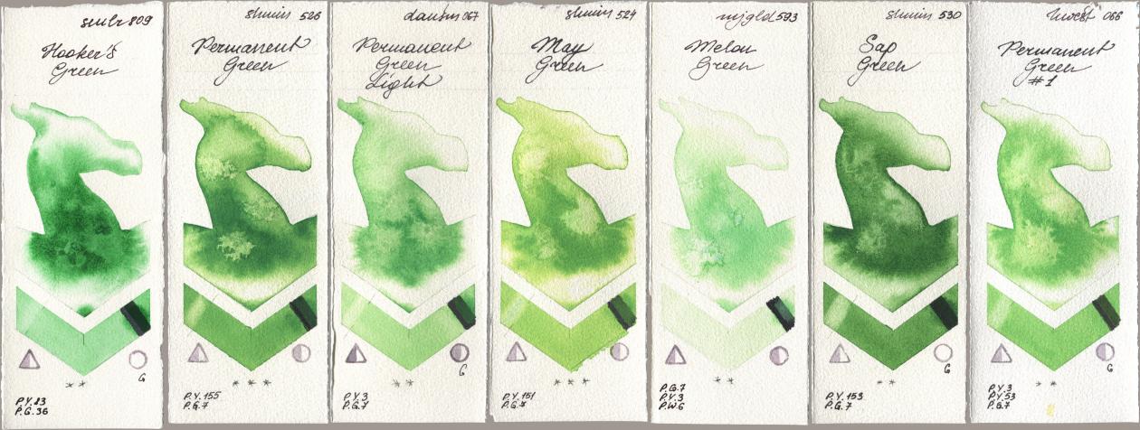 Sennelier l Aquarelle 809 Hookers Green, Shminke Horadam Aquarell 526 Permanent Green, Daniel Smith 067 Permanent Green Light, 524 May Green, Mijello Mission Gold 593 Melon Green, 530 Sap Green, Holbein Artists Watercolor 066 Permanent Green No watercolor swatch