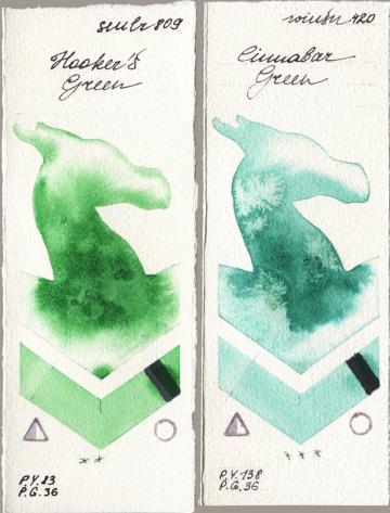 Sennelier l Aquarelle 809 Hookers Green vs Winsor & Newton Professional 420 Cinnabar Green watercolor swatch