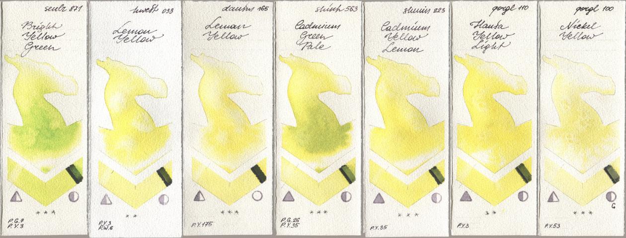 Sennelier l Aquarelle 871 Bright Yellow Green, Holbein Artists Watercolor 033 Lemon Yellow, Daniel Smith 165 Lemon Yellow, Shinhan PWC 563 Cadmium Green Pale, Shminke Horadam Aquarell 223 Cadmium Yellow Lemon, Golden QOR 110 Hansa Yellow Light, 100 Nickel Yell watercolor swatch