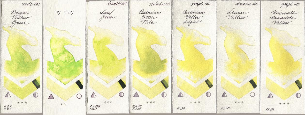 Sennelier l Aquarelle 871 Bright Yellow Green, my 044 my may, Holbein Artists Watercolor 077 Leaf Green, Shinhan PWC 563 Cadmium Green Pale, Golden QOR 120 Cadmium Yellow Light, Daniel Smith 165 Lemon Yellow, 115 Bismuth Vanadate Yell watercolor swatch