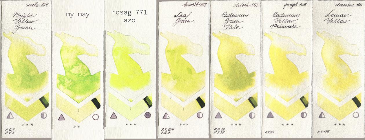 Sennelier l Aquarelle 871 Bright Yellow Green, my 044 my may, 771 my rosa azo, Holbein Artists Watercolor 077 Leaf Green, Shinhan PWC 563 Cadmium Green Pale, Golden QOR 105 Cadmium Yellow Primrose, Daniel Smith 165 Lemon Yell watercolor swatch