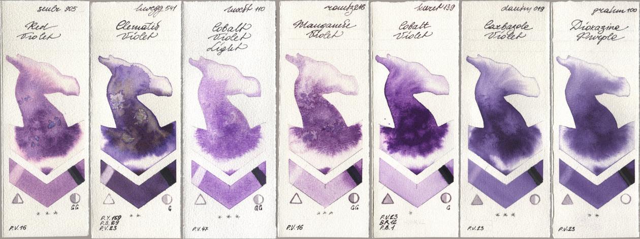Sennelier l Aquarelle 905 Red Violet, Holbein Artists Watercolor 541 Clematis Violet, 110 Cobalt Violet Light, Roman Szmal Aquarius 216 Manganese Violet, Kuretake Gansai Tambi 139 Cobalt Violet, Daniel Smith 019 Carbazole Violet, M. Graham & Co. Artists 100 Dioxazine Purp watercolor swatch