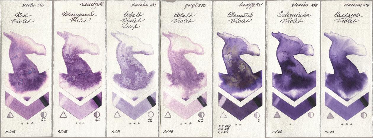 Sennelier l Aquarelle 905 Red Violet, Roman Szmal Aquarius 216 Manganese Violet, Daniel Smith 031 Cobalt Violet Deep, Golden QOR 285 Cobalt Violet, Holbein Artists Watercolor 541 Clematis Violet, Shminke Horadam Aquarell 476 Schmincke Violet, 019 Carbazole Viol watercolor swatch
