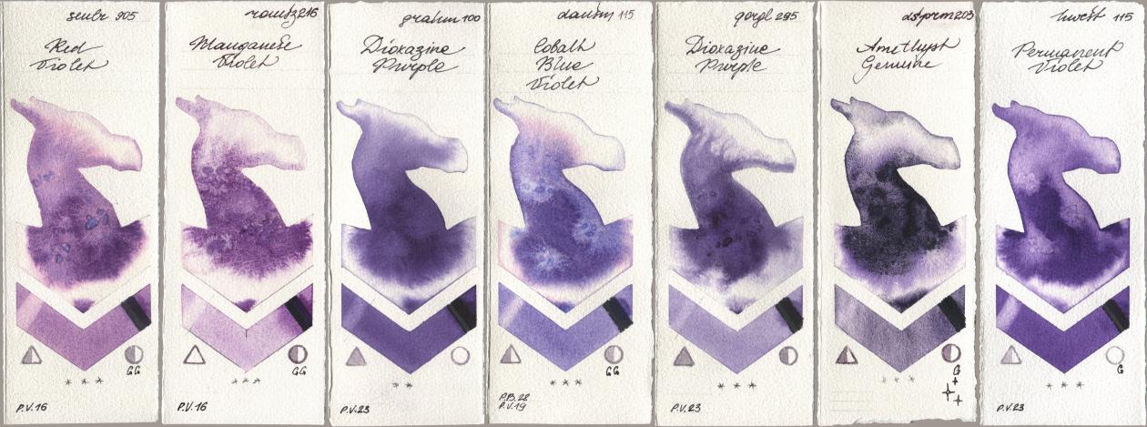 Sennelier l Aquarelle 905 Red Violet, Roman Szmal Aquarius 216 Manganese Violet, M. Graham & Co. Artists 100 Dioxazine Purple, Daniel Smith 115 Cobalt Blue Violet, Golden QOR 295 Dioxazine Purple, 203 Amethyst Genuine, Holbein Artists Watercolor 115 Permanent Viol watercolor swatch