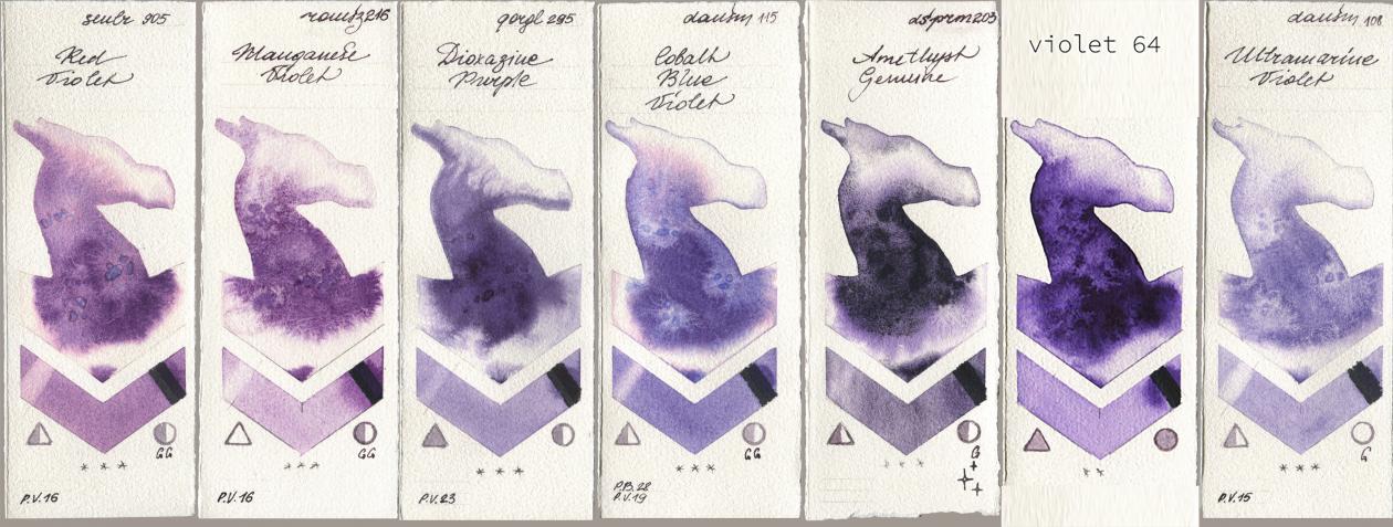 Sennelier l Aquarelle 905 Red Violet, Roman Szmal Aquarius 216 Manganese Violet, Golden QOR 295 Dioxazine Purple, Daniel Smith 115 Cobalt Blue Violet, 203 Amethyst Genuine, my 064 violet64, 108 Ultramarine Viol watercolor swatch