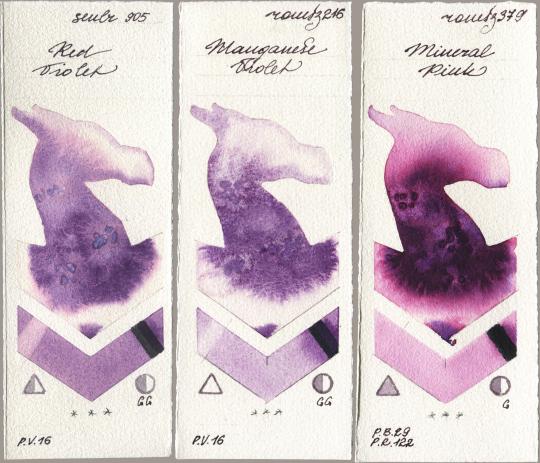 Sennelier l Aquarelle 905 Red Violet, Roman Szmal Aquarius 216 Manganese Violet, 379 Mineral Pi watercolor swatch