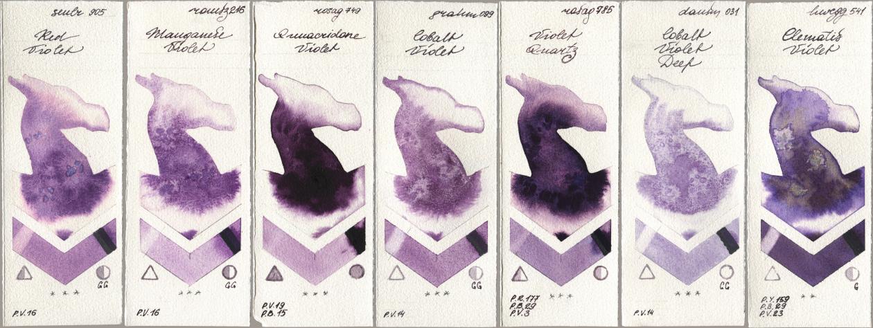 Sennelier l Aquarelle 905 Red Violet, Roman Szmal Aquarius 216 Manganese Violet, Rosa Gallery 749 Quinacridone Violet, M. Graham & Co. Artists 099 Cobalt Violet, 785 Violet Quartz, Daniel Smith 031 Cobalt Violet Deep, Holbein Artists Watercolor 541 Clematis Viol watercolor swatch
