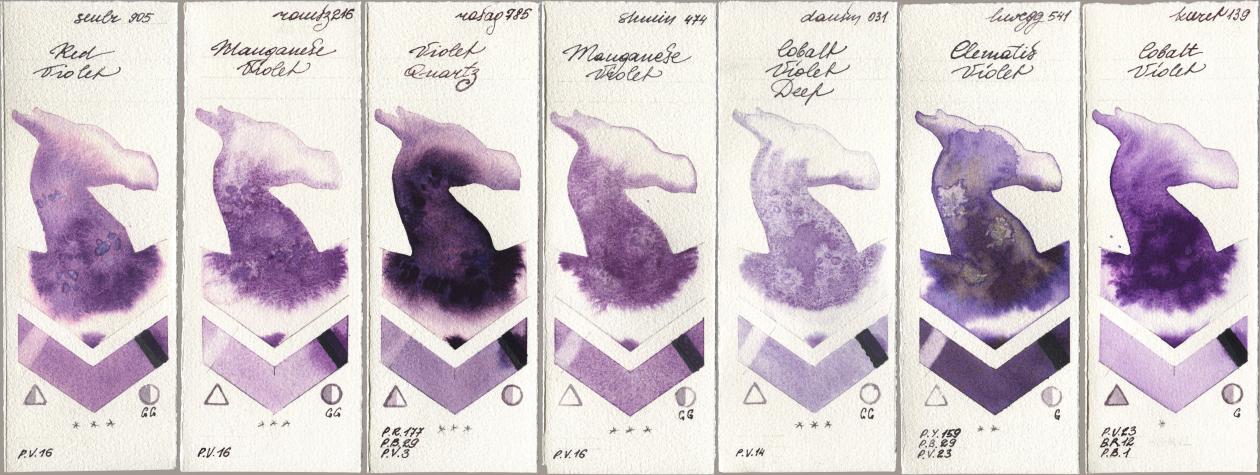 Sennelier l Aquarelle 905 Red Violet, Roman Szmal Aquarius 216 Manganese Violet, Rosa Gallery 785 Violet Quartz, Shminke Horadam Aquarell 474 Manganese Violet, Daniel Smith 031 Cobalt Violet Deep, Holbein Artists Watercolor 541 Clematis Violet, Kuretake Gansai Tambi 139 Cobalt Viol watercolor swatch