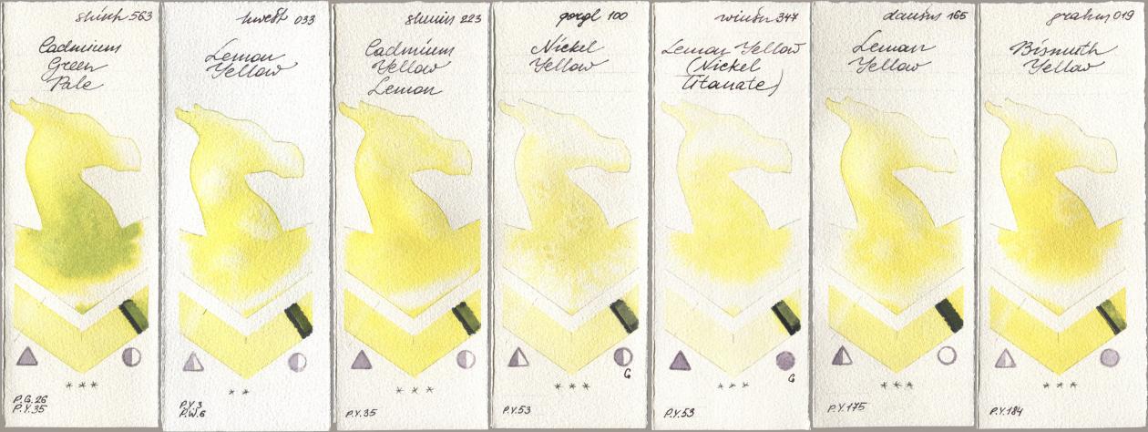 Shinhan PWC 563 Cadmium Green Pale, Holbein Artists Watercolor 033 Lemon Yellow, Shminke Horadam Aquarell 223 Cadmium Yellow Lemon, Golden QOR 100 Nickel Yellow, Winsor & Newton Professional 347 Lemon Yellow (Nickel Titanate), Daniel Smith 165 Lemon Yellow, M. Graham & Co. Artists 019 Bismuth Yell watercolor swatch