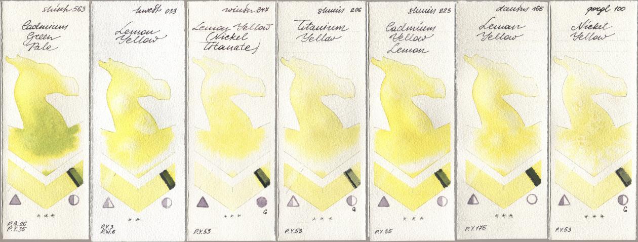Shinhan PWC 563 Cadmium Green Pale, Holbein Artists Watercolor 033 Lemon Yellow, Winsor & Newton Professional 347 Lemon Yellow (Nickel Titanate), Shminke Horadam Aquarell 206 Titanium Yellow, 223 Cadmium Yellow Lemon, Daniel Smith 165 Lemon Yellow, Golden QOR 100 Nickel Yell watercolor swatch