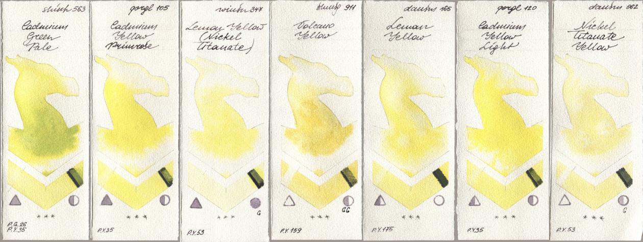Shinhan PWC 563 Cadmium Green Pale, Golden QOR 105 Cadmium Yellow Primrose, Winsor & Newton Professional 347 Lemon Yellow (Nickel Titanate), Shminke Horadam Aquarell 911 Volcano Yellow, Daniel Smith 165 Lemon Yellow, 120 Cadmium Yellow Light, 062 Nickel Titanate Yell watercolor swatch