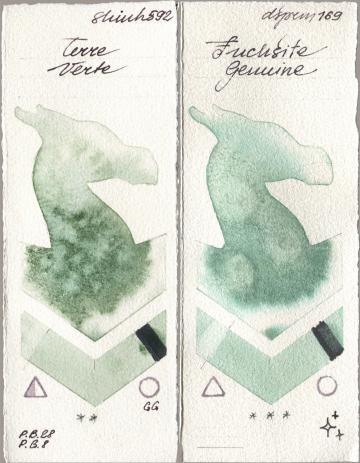 Shinhan PWC 592 Terre Verte, Daniel Smith 169 Fuchsite Genui watercolor swatch
