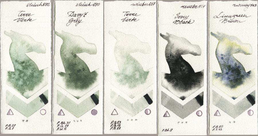 Shinhan PWC 592 Terre Verte vs 690 Davys Grey vs Winsor & Newton Professional 637 Terre Verte vs Royal Talens Rembrandt Watercolour 701 Ivory Black vs Rockwell 143 Limugreen Brown watercolor swatch