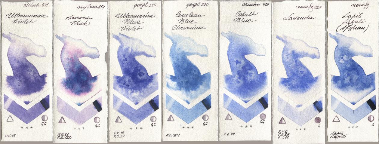 Shinhan PWC 641 Ultramarine Violet, Mijello Mission Gold 814 Aurora Pink, Golden QOR 316 Ultramarine Blue Violet, 330 Cerulean Blue, Chromium, Daniel Smith 025 Cobalt Blue, Roman Szmal Aquarius 227 Lavenda, 999 Lapis Lazuli Afgh watercolor swatch