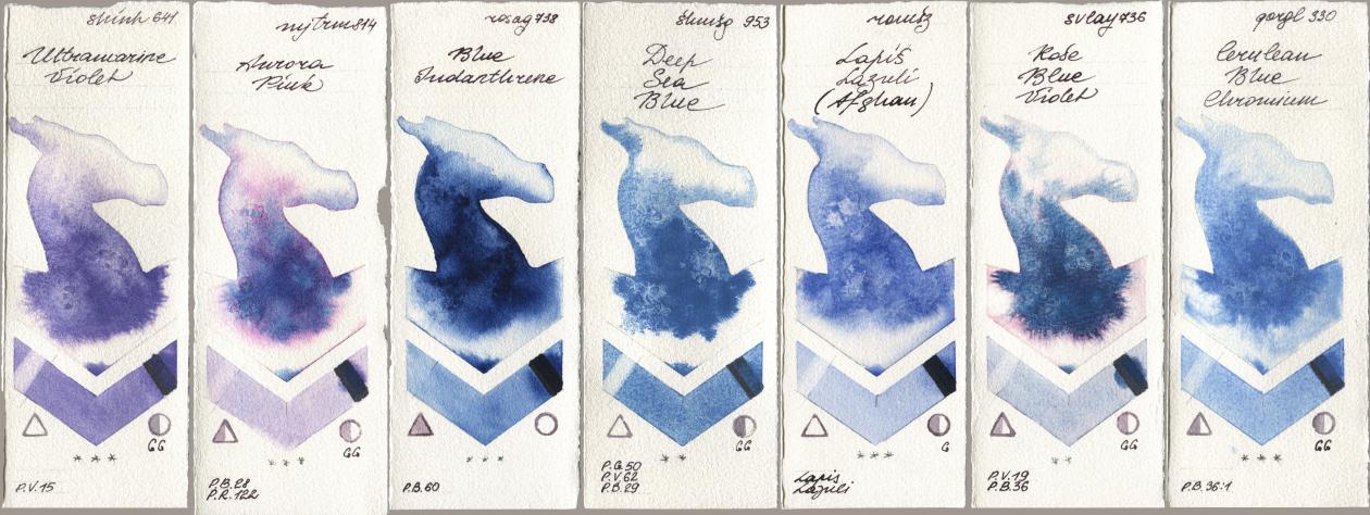 Shinhan PWC 641 Ultramarine Violet, Mijello Mission Gold 814 Aurora Pink, Rosa Gallery 738 Blue Indanthrene, Shminke Horadam Aquarell 953 Deep Sea Blue, Roman Szmal Aquarius 999 Lapis Lazuli Afghan, SuperVision 736 Rose Blue Violet, Golden QOR 330 Cerulean Blue, Chromi watercolor swatch