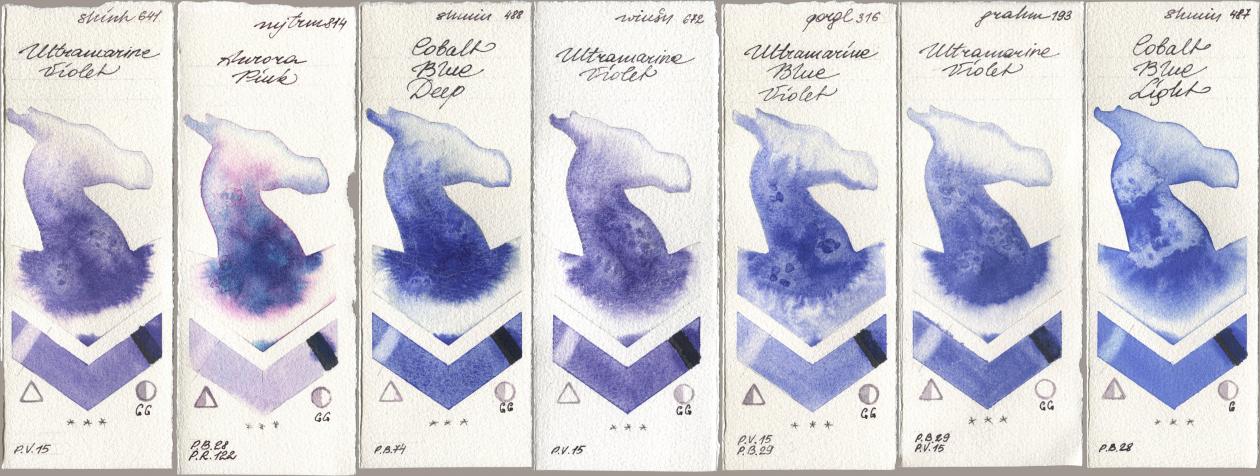 Shinhan PWC 641 Ultramarine Violet, Mijello Mission Gold 814 Aurora Pink, Shminke Horadam Aquarell 488 Cobalt Blue Deep, Winsor & Newton Professional 672 Ultramarine Violet, Golden QOR 316 Ultramarine Blue Violet, M. Graham & Co. Artists 193 Ultramarine Violet, 487 Cobalt Blue Lig watercolor swatch
