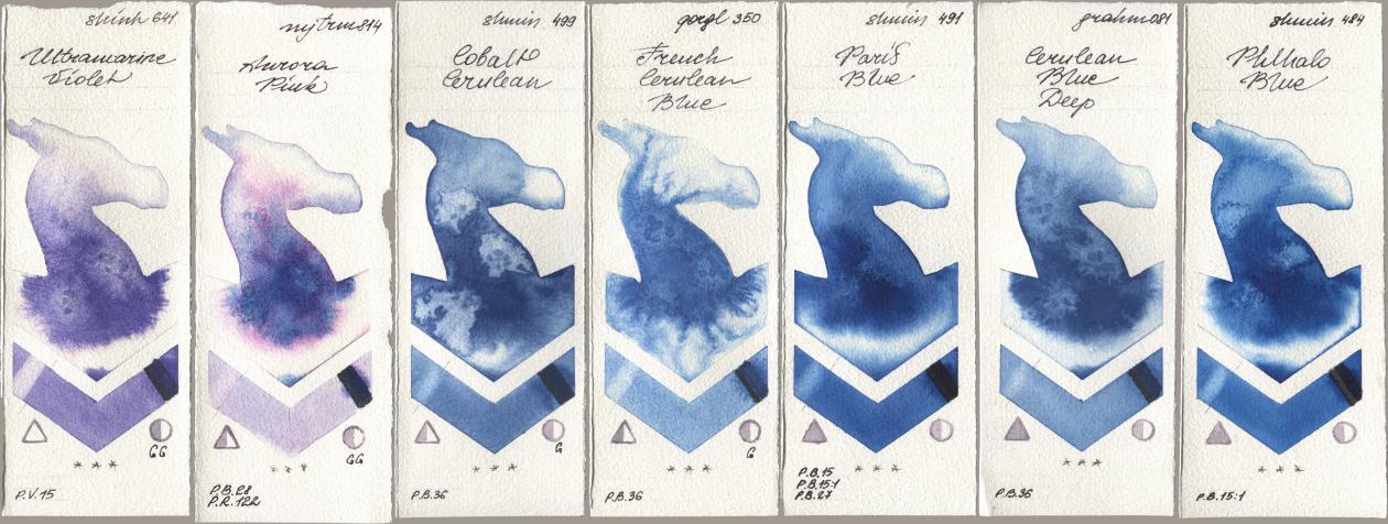 Shinhan PWC 641 Ultramarine Violet, Mijello Mission Gold 814 Aurora Pink, Shminke Horadam Aquarell 499 Cobalt Cerulean, Golden QOR 350 French Cerulean Blue, 491 Paris Blue, M. Graham & Co. Artists 081 Cerulean Blue Deep, 484 Phthalo Bl watercolor swatch